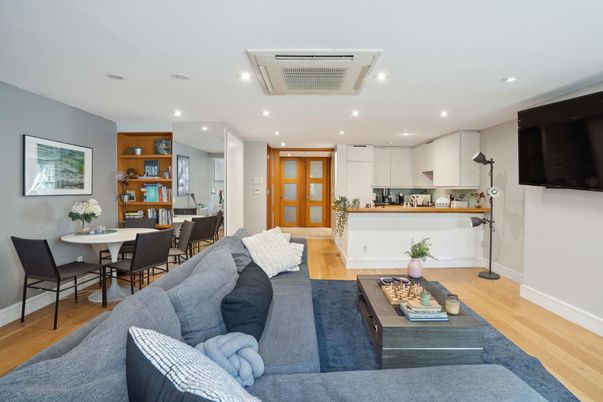 Dining room, Interior, Kitchen, Living room, Recessed Lighting, Wood Texture Flooring