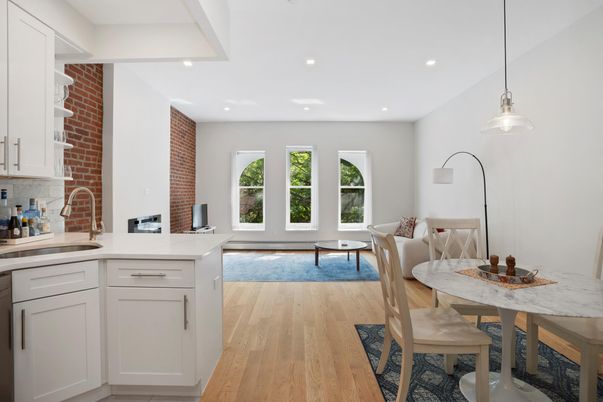 Dining room, Interior, Kitchen, Pendant Lights, Recessed Lighting, Stone Walls, Wood Texture Flooring