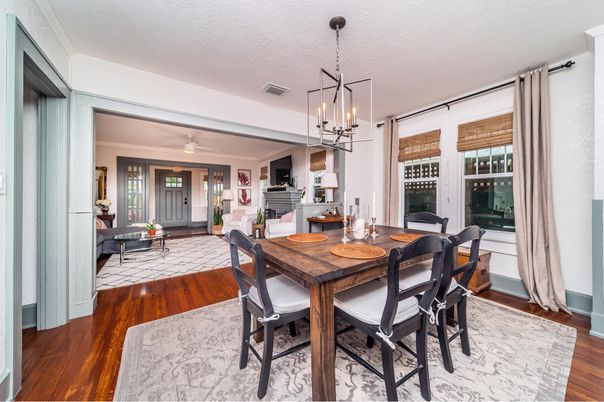 Dining room, Fireplace, Interior, Living room, Pendant Lights, Wood Texture Flooring