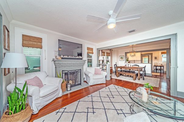 Dining room, Fireplace, Interior, Living room, Pendant Lights, Wood Texture Flooring