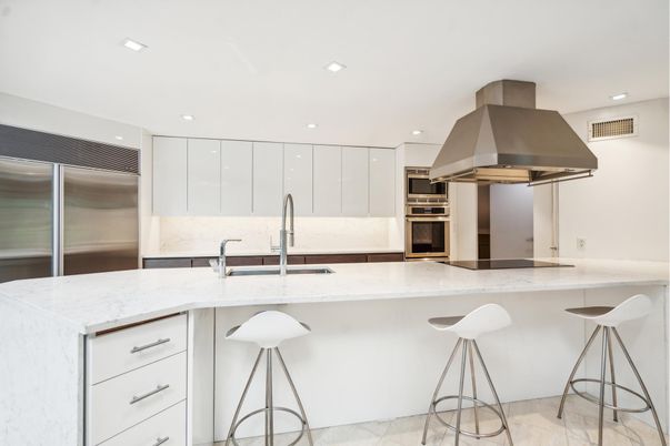 Interior, Kitchen, Marble, Recessed Lighting, Stainless Steel Appliances