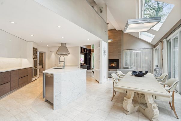 Dining room, Fireplace, Interior, Kitchen, Living room, Recessed Lighting, Stainless Steel Appliances