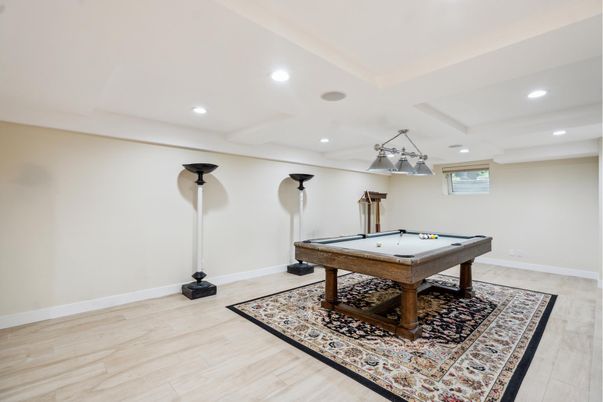 Billiard Table, Game Room, Interior, Recessed Lighting, Wood Texture Flooring