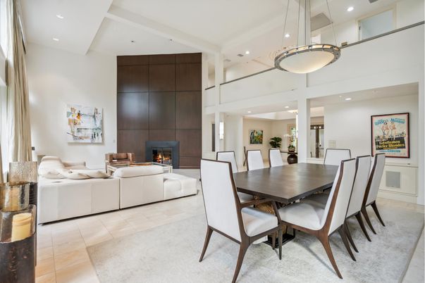 Dining room, Fireplace, Interior, Living room, Pendant Lights, Recessed Lighting