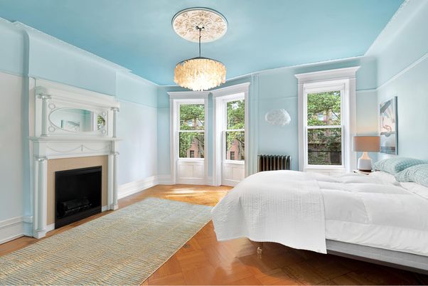 Bedroom, Chandelier, Fireplace, Interior, Pendant Lights, Wood Texture Flooring