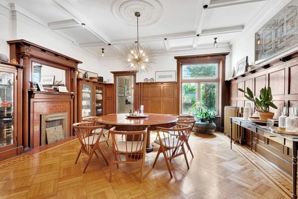 Dining room, Fireplace, Interior, Pendant Lights, Wood Texture Flooring