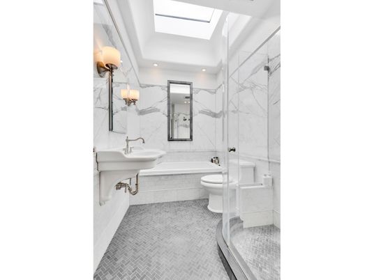 Bathroom, Glass Shower, Interior, Marble Walls, Recessed Lighting