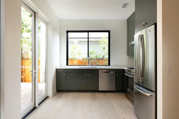 Interior, Kitchen, Recessed Lighting, Stainless Steel Appliances, Wood Texture Flooring