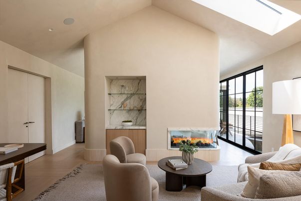 Fireplace, Interior, Living room, Marble Walls, Recessed Lighting, Wood Texture Flooring