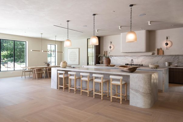Interior, Kitchen, Marble Walls, Pendant Lights, Recessed Lighting, Wood Texture Flooring