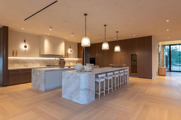 Interior, Kitchen, Pendant Lights, Recessed Lighting, Stainless Steel Appliances, Wood Texture Flooring