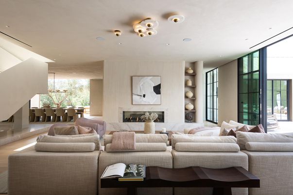 Dining room, Fireplace, Interior, Living room, Recessed Lighting, Wood Texture Flooring