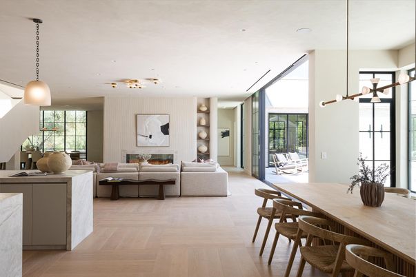 Dining room, Interior, Living room, Pendant Lights, Recessed Lighting, Wood Texture Flooring