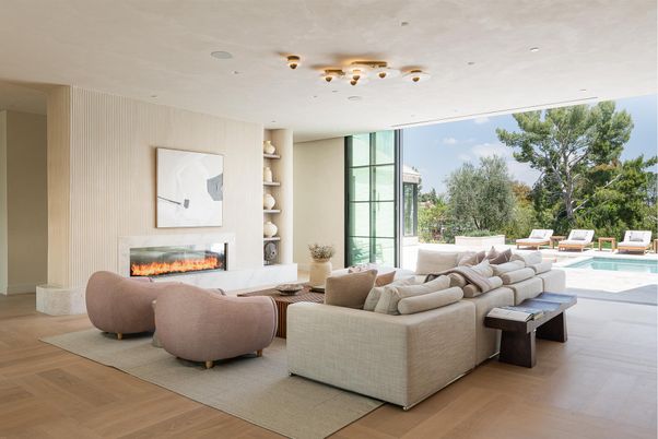 Fireplace, Interior, Living room, Recessed Lighting, Wood Texture Flooring