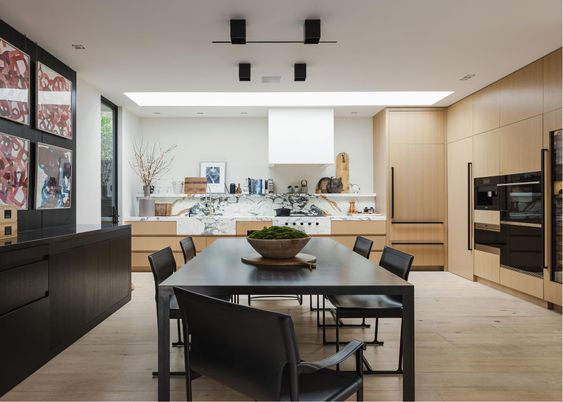 Dining room, Interior, Kitchen, Recessed Lighting, Wood Texture Flooring