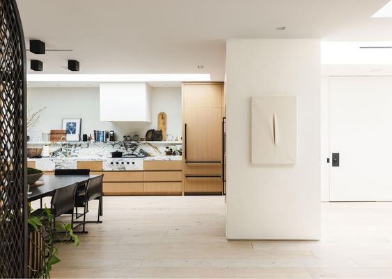 Dining room, Interior, Kitchen, Recessed Lighting, Wood Texture Flooring