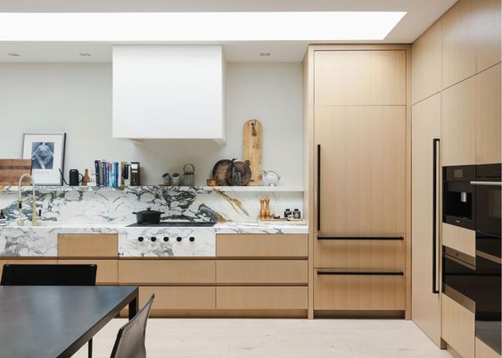Interior, Kitchen, Marble Walls, Recessed Lighting, Wood Texture Flooring