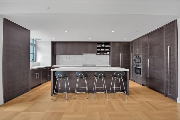 Interior, Kitchen, Marble Walls, Recessed Lighting, Stainless Steel Appliances, Wood Texture Flooring