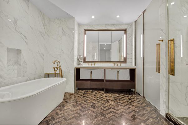 Bathroom, Dual Sink Vanities, Free Standing Baths, Glass Shower, Interior, Marble Walls, Recessed Lighting