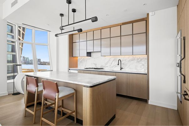 Interior, Kitchen, Marble Walls, Pendant Lights, Recessed Lighting, Wood Texture Flooring