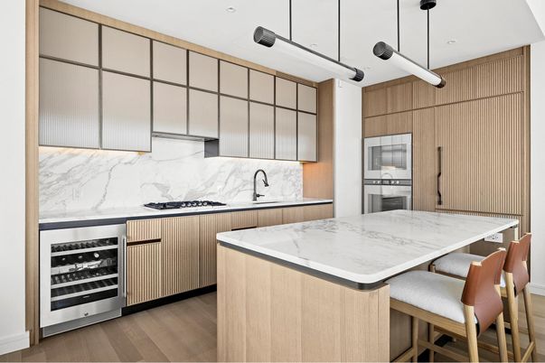 Interior, Kitchen, Marble Walls, Pendant Lights, Recessed Lighting, Stainless Steel Appliances, Wood Texture Flooring