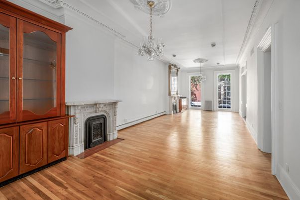 Chandelier, Empty room, Fireplace, Interior, Pendant Lights, Wood Texture Flooring