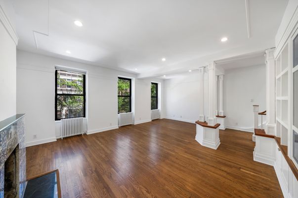 Empty room, Fireplace, Interior, Recessed Lighting, Wood Texture Flooring