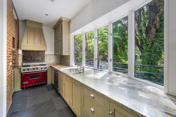 Interior, Kitchen, Recessed Lighting, Stainless Steel Appliances, Stone Walls