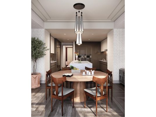 Dining room, Interior, Kitchen, Pendant Lights, Recessed Lighting, Wood Texture Flooring