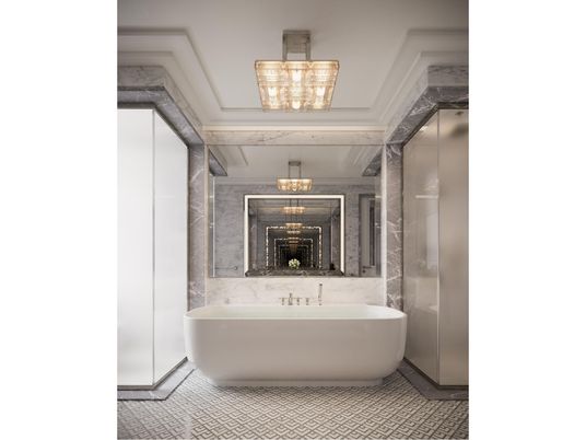 Bathroom, Chandelier, Fireplace, Free Standing Baths, Interior, Marble Walls