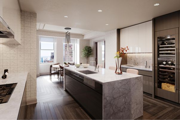 Dining room, Interior, Kitchen, Pendant Lights, Recessed Lighting, Wood Texture Flooring