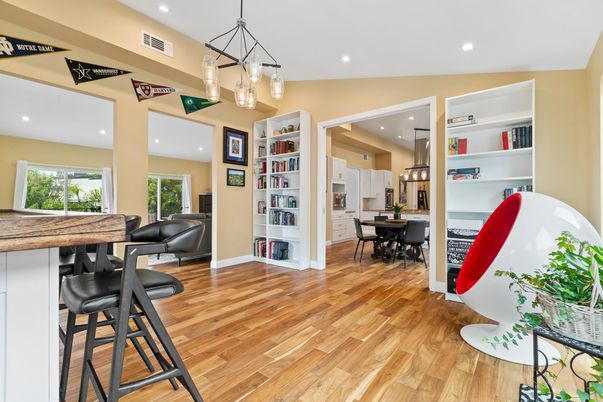Dining room, Interior, Kitchen, Pendant Lights, Recessed Lighting, Stainless Steel Appliances, Wood Texture Flooring