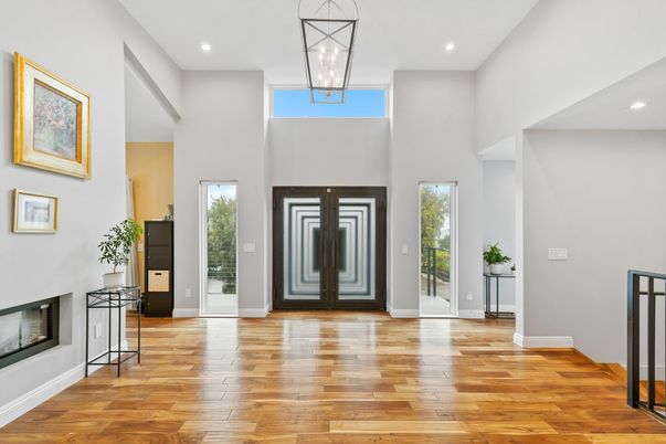 Fireplace, Interior, Pendant Lights, Recessed Lighting, Wood Texture Flooring