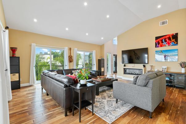 Fireplace, Interior, Living room, Recessed Lighting, Wood Texture Flooring