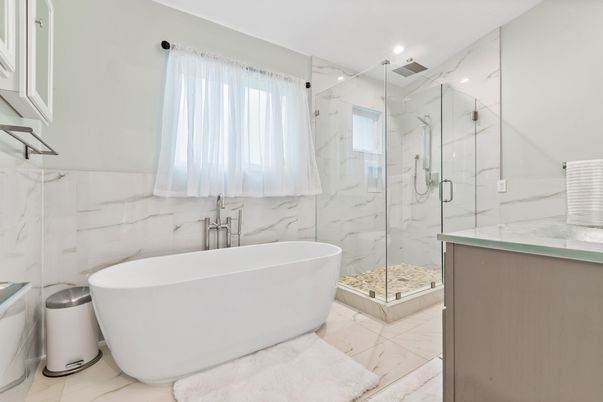 Bathroom, Free Standing Baths, Glass Shower, Interior, Marble, Marble Walls, Recessed Lighting