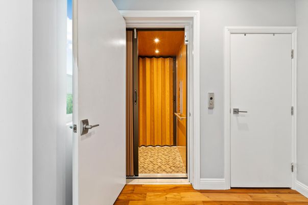 Elevator, Interior, Recessed Lighting, Wooden Ceilings, Wood Texture Flooring, Wooden Walls
