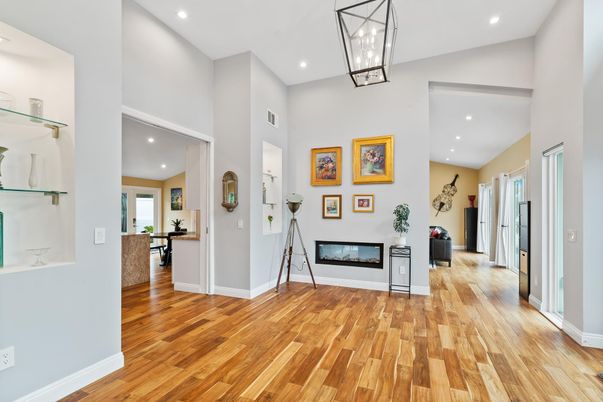 Fireplace, Interior, Pendant Lights, Recessed Lighting, Wood Texture Flooring
