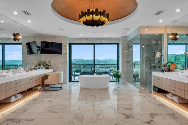 Bathroom, Dual Sink Vanities, Free Standing Baths, Glass Shower, Interior, Marble, Marble Walls, Recessed Lighting