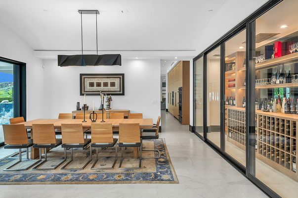 Dining room, Interior, Marble, Pendant Lights, Recessed Lighting, Wine Storage