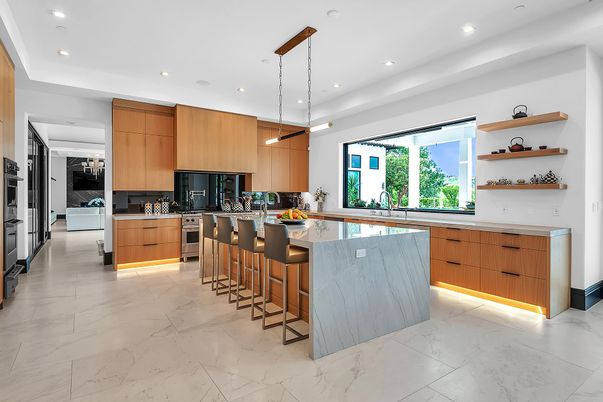 Interior, Kitchen, Marble, Pendant Lights, Recessed Lighting, Stainless Steel Appliances