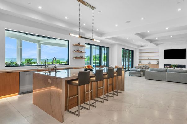 Interior, Kitchen, Living room, Marble, Pendant Lights, Recessed Lighting, Stainless Steel Appliances