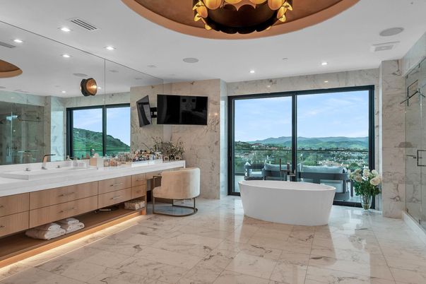 Bathroom, Dual Sink Vanities, Free Standing Baths, Glass Shower, Interior, Marble, Marble Walls, Recessed Lighting