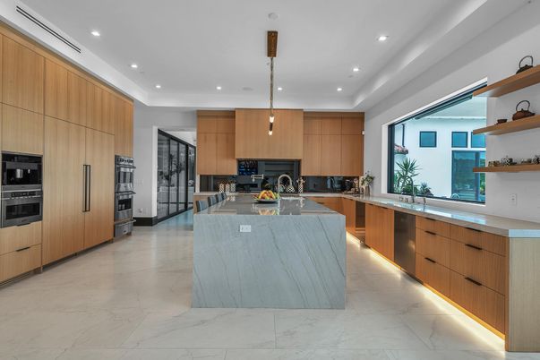 Interior, Kitchen, Marble, Pendant Lights, Recessed Lighting, Stainless Steel Appliances