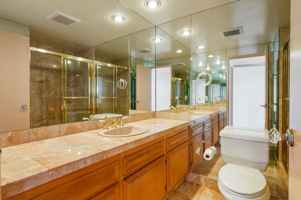 Bathroom, Dual Sink Vanities, Glass Shower, Interior, Recessed Lighting, Tile Countertops
