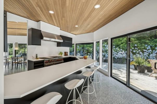 Dining room, Interior, Kitchen, Pendant Lights, Recessed Lighting, Stainless Steel Appliances, Wooden Ceilings