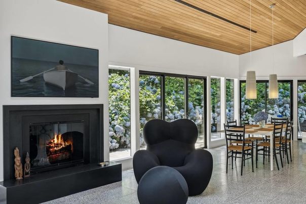 Dining room, Fireplace, Interior, Pendant Lights, Wooden Ceilings