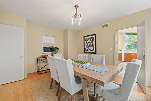 Dining room, Interior, Pendant Lights, Wood Texture Flooring