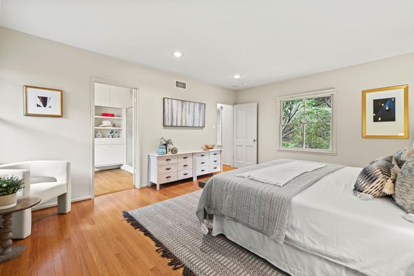 Bedroom, Interior, Recessed Lighting, Wood Texture Flooring