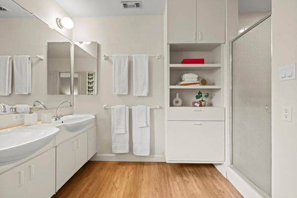 Bathroom, Dual Sink Vanities, Interior, Wood Texture Flooring