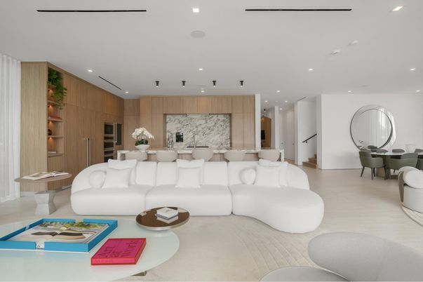 Dining room, Interior, Kitchen, Living room, Marble Walls, Recessed Lighting